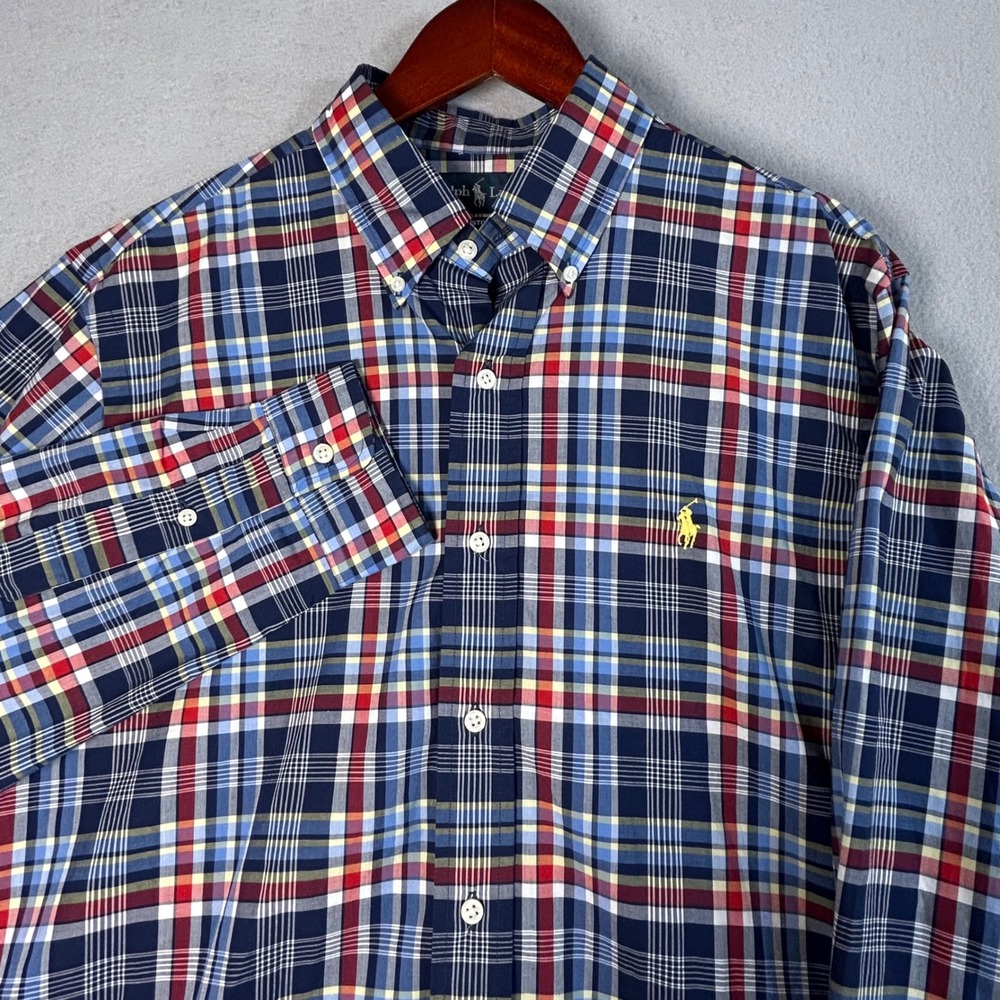 Ralph Lauren Mens Custom Fit Plaid Button Down Shirt Navy Red Yellow Pony L